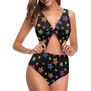 Colorful star pattern Chest Bowknot High Waisted Bikini Swimsuit