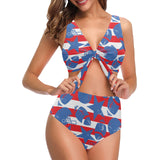 American football ball star stripes pattern Chest Bowknot High Waisted Bikini Swimsuit
