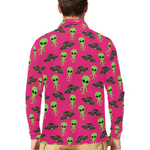 Alien Pattern Print Design 03 Men's Long Sleeve Polo Shirt