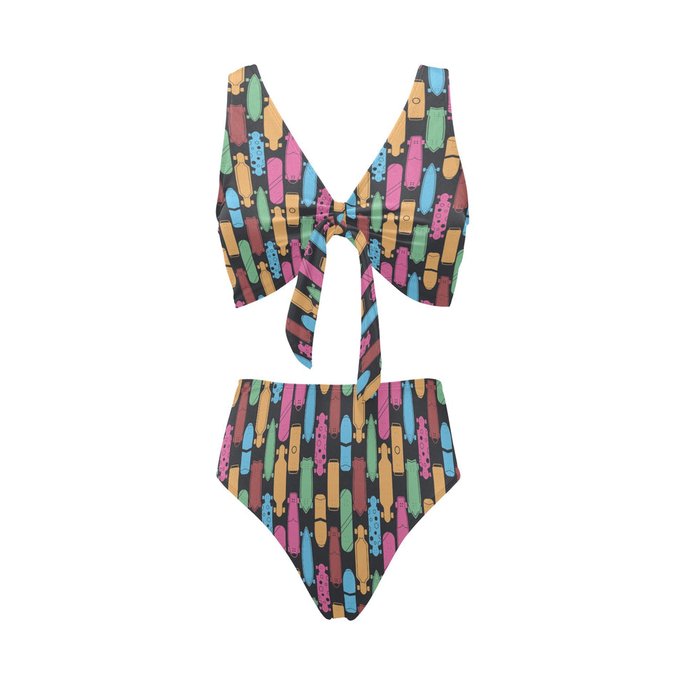 Skate Board Pattern Print Design 02 Chest Bowknot High Waisted Bikini Swimsuit