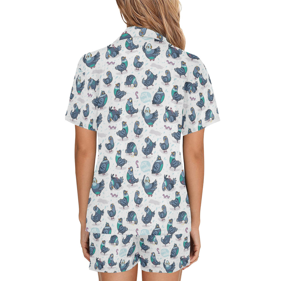 Pigeon Pattern Print Design 02 Women's V-Neck Short Pajama Set