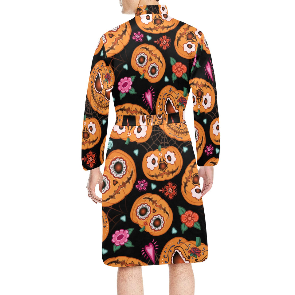 Pumpkin flowers spiderweb Halloween theme Men's Long Sleeve Belted Night Robe