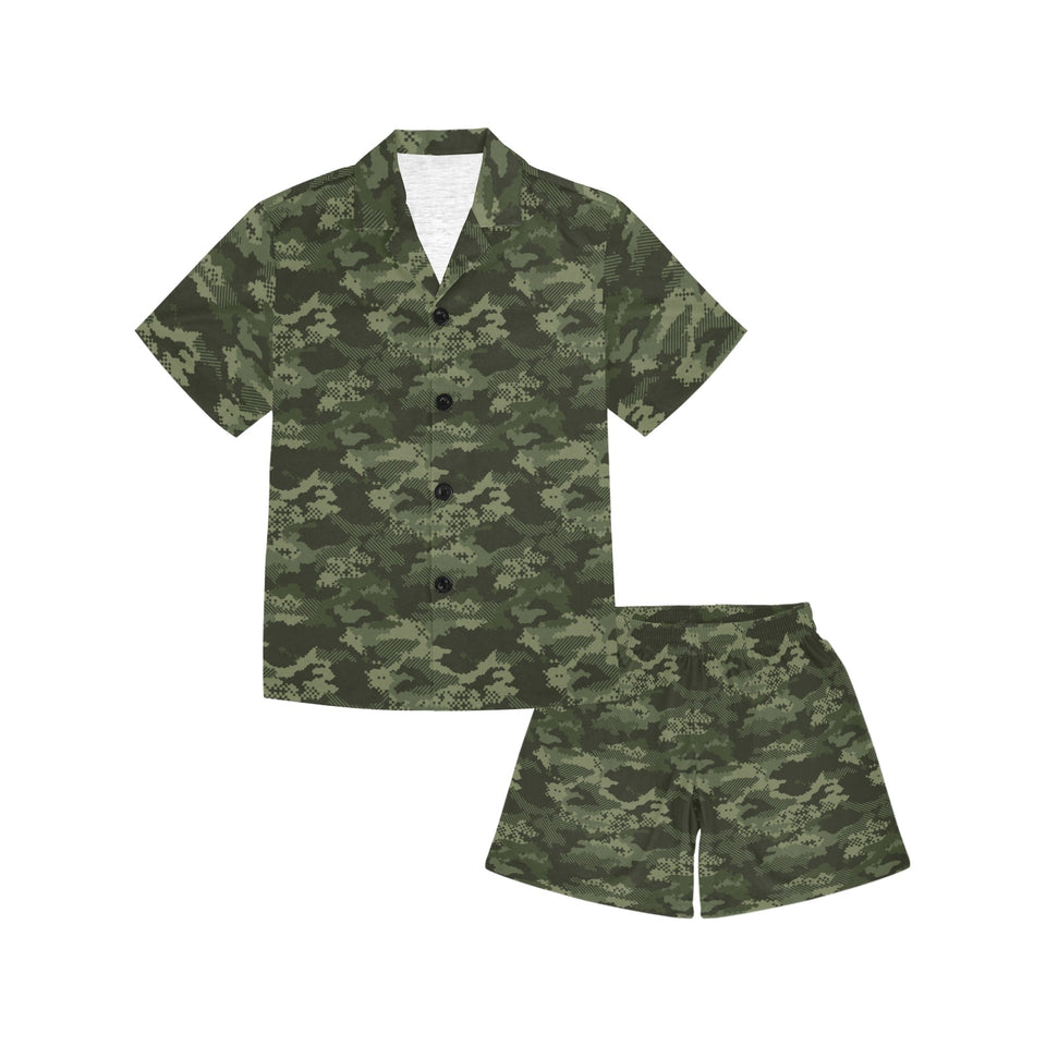 Digital Green camouflage pattern Kids' Boys' Girls' V-Neck Short Pajama Set