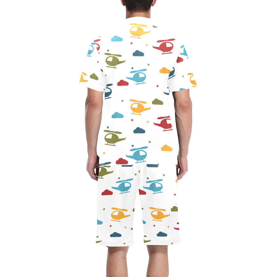 Colorful helicopter pattern Men's V-Neck Short Pajama Set