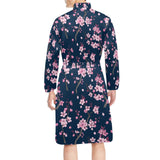 Pink sakura cherry blossom blue background Men's Long Sleeve Belted Night Robe