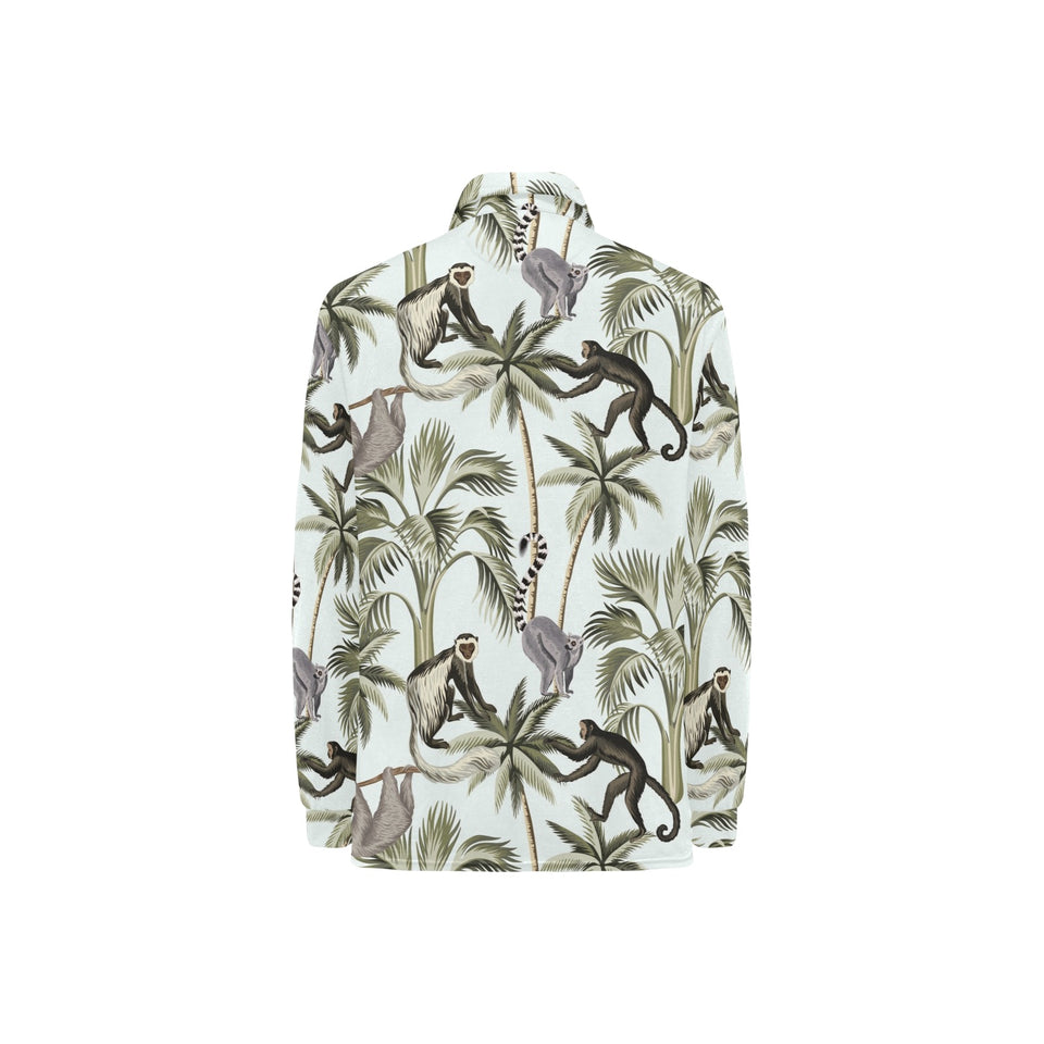 Monkey sloth lemur palm trees pattern Women's Long Sleeve Polo Shirt