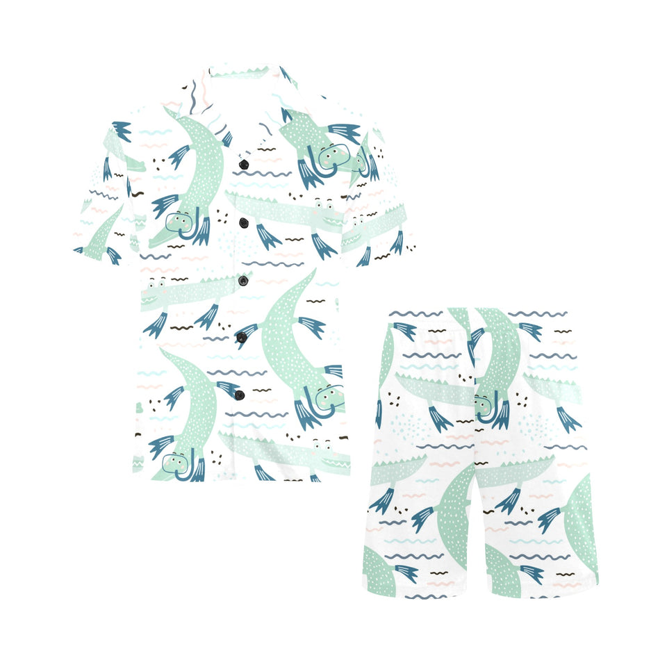 Crocodile diver pattern Men's V-Neck Short Pajama Set