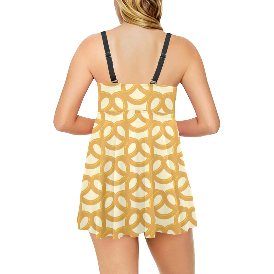 Pretzels Pattern Print Design 01 Chest Sexy Pleated Two Piece Swim Dress