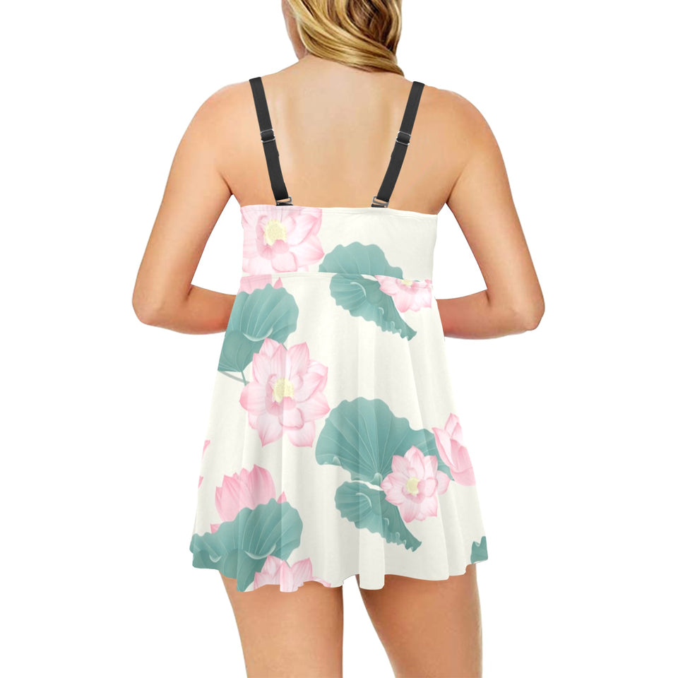 Pink lotus waterlily leaves pattern Chest Sexy Pleated Two Piece Swim Dress