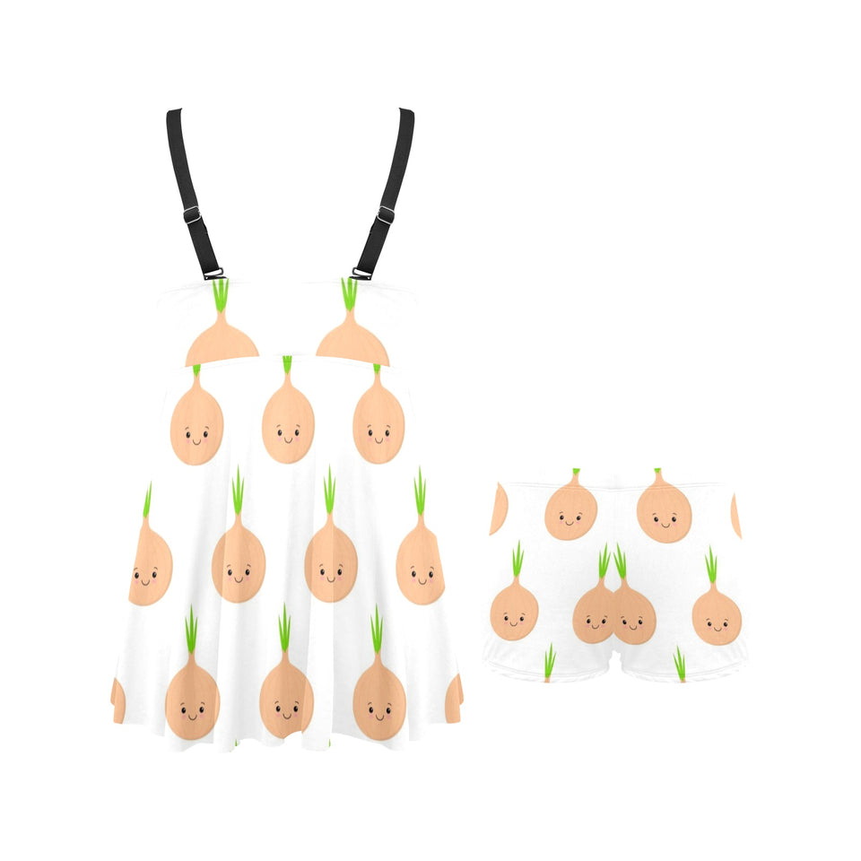 cute onions smiling faces Chest Sexy Pleated Two Piece Swim Dress