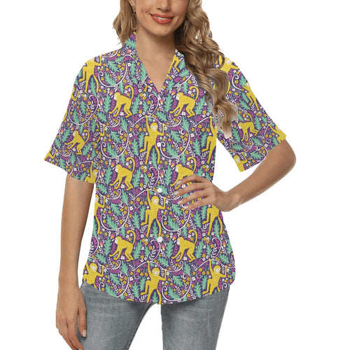 Cute yellow monkey leaves pattern Women's All Over Print Hawaiian Shirt