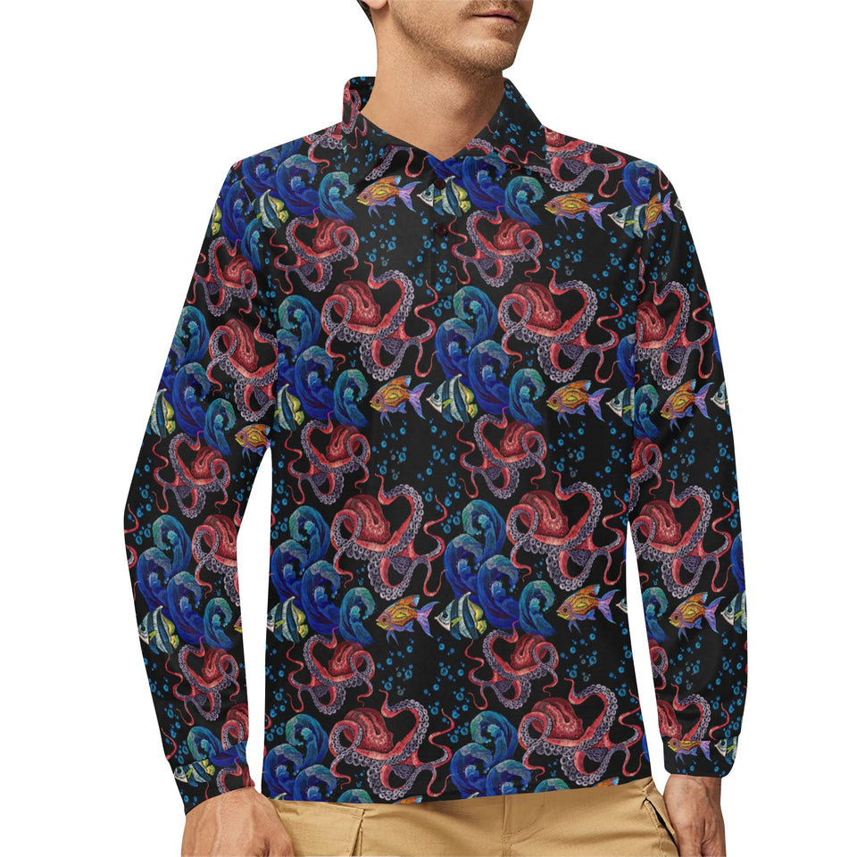 Octopus sea wave tropical fishe pattern Men's Long Sleeve Polo Shirt