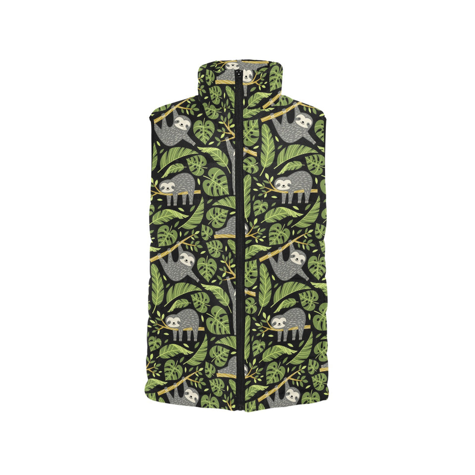 Cute sloths tropical palm leaves black background Women's Padded Vest