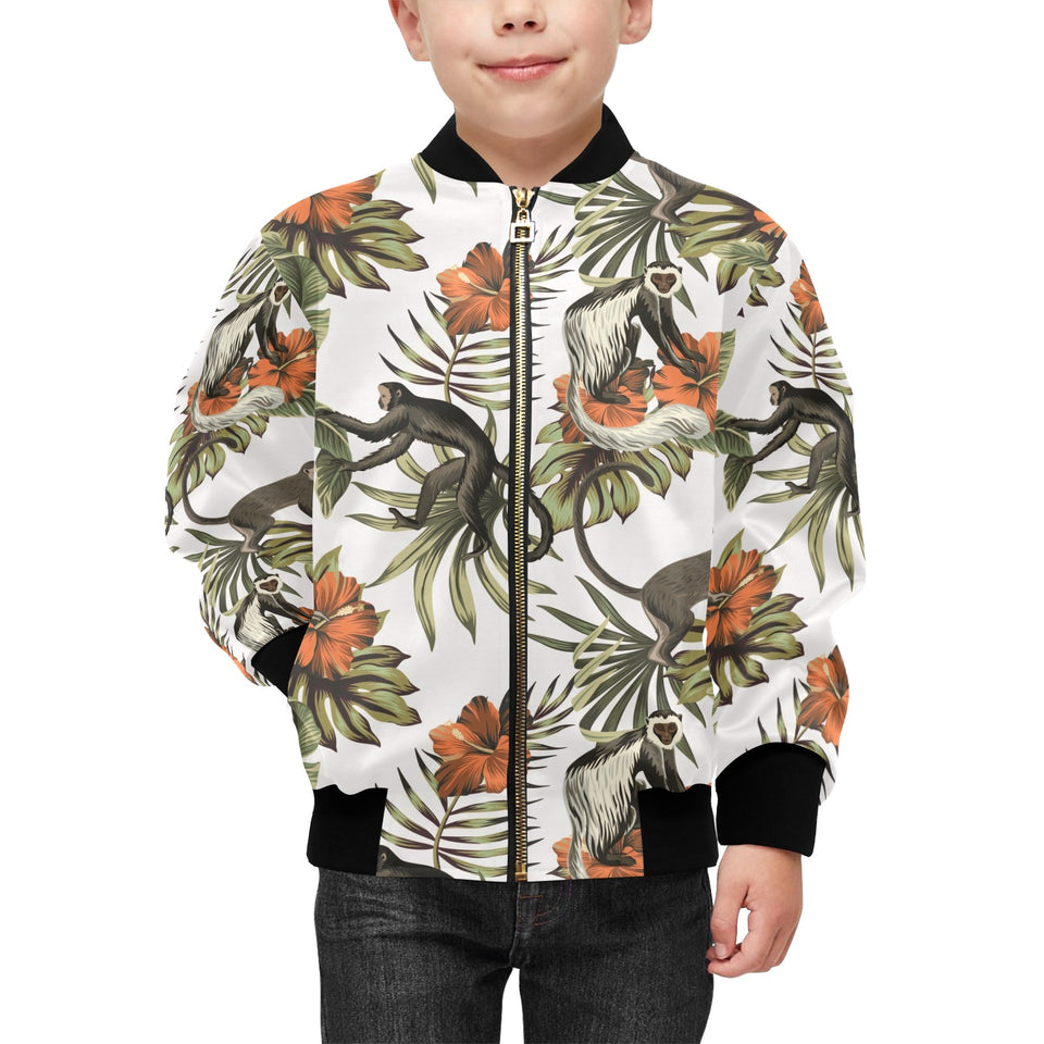 Monkey red hibiscus flower palm leaves floral patt Kids' Boys' Girls' Bomber Jacket