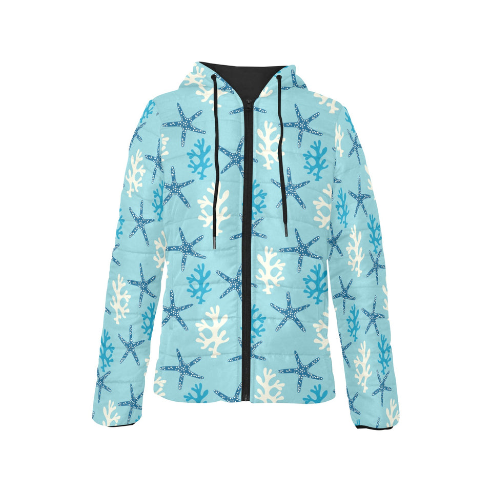 Blue starfish coral reef pattern Women's Padded Hooded Jacket
