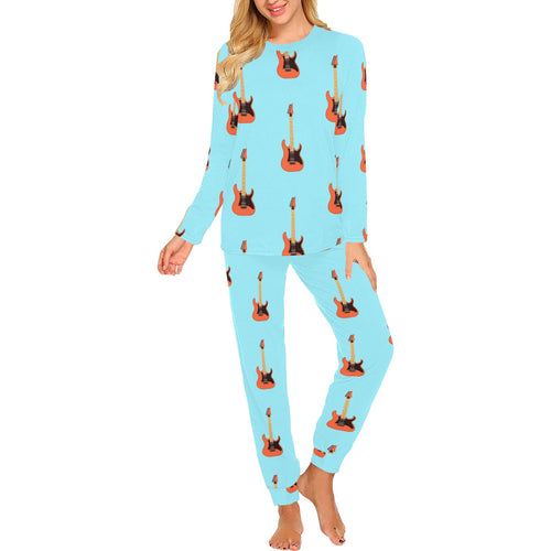 electric guitar pattern light blue background Women's All Over Print Pajama Set
