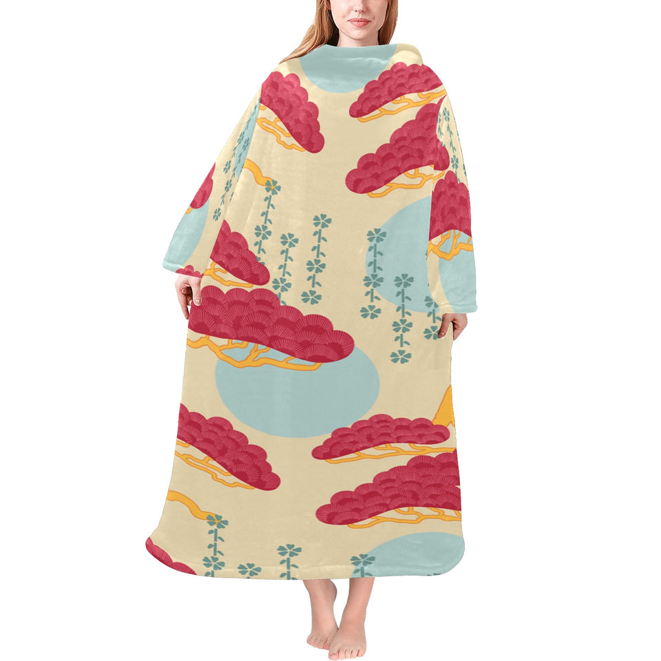 Red Bonsai gray sun japanese pattern Blanket Robe with Sleeves