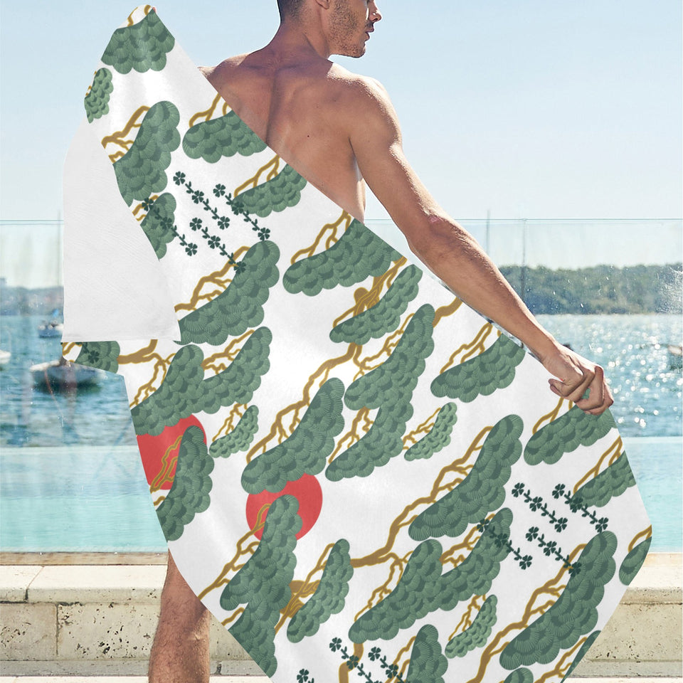 Bonsai red sun japanese pattern Beach Towel