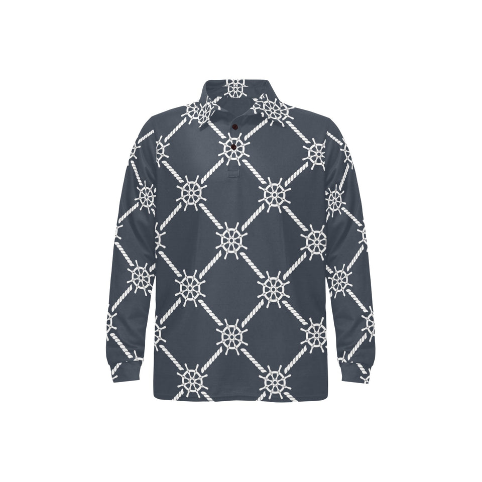 nautical steering wheel rope pattern Men's Long Sleeve Polo Shirt