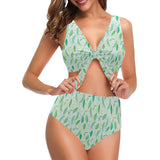 Green Peas Pattern Print Design 01 Chest Bowknot High Waisted Bikini Swimsuit