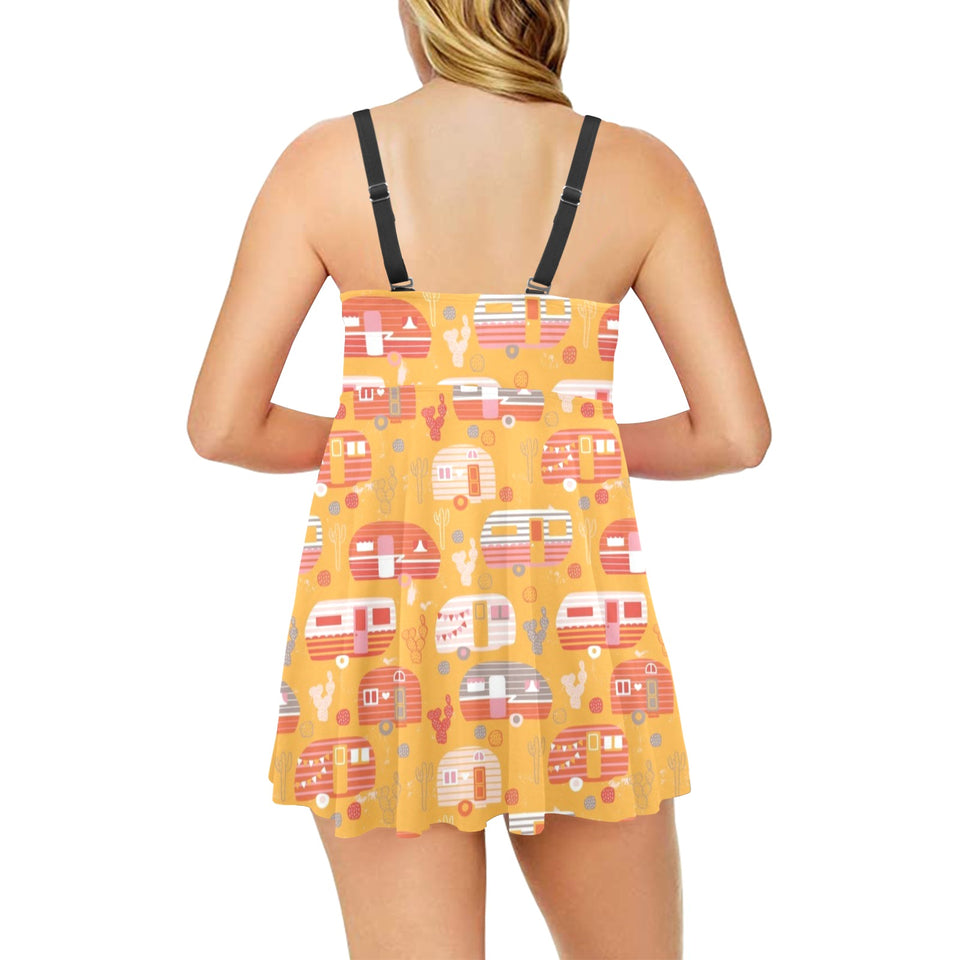 Camper Van Pattern Print Design 04 Chest Sexy Pleated Two Piece Swim Dress