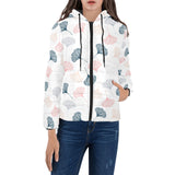 Black Gray Cream coral ginkgo leaves pattern Women's Padded Hooded Jacket