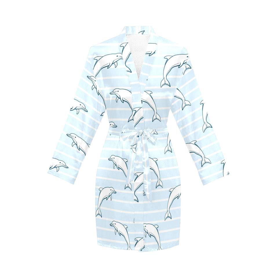 Dolphin blue striped background Women's Long Sleeve Belted Night Robe