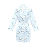 Dolphin blue striped background Women's Long Sleeve Belted Night Robe