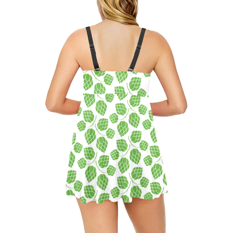 Hop pattern background Chest Sexy Pleated Two Piece Swim Dress