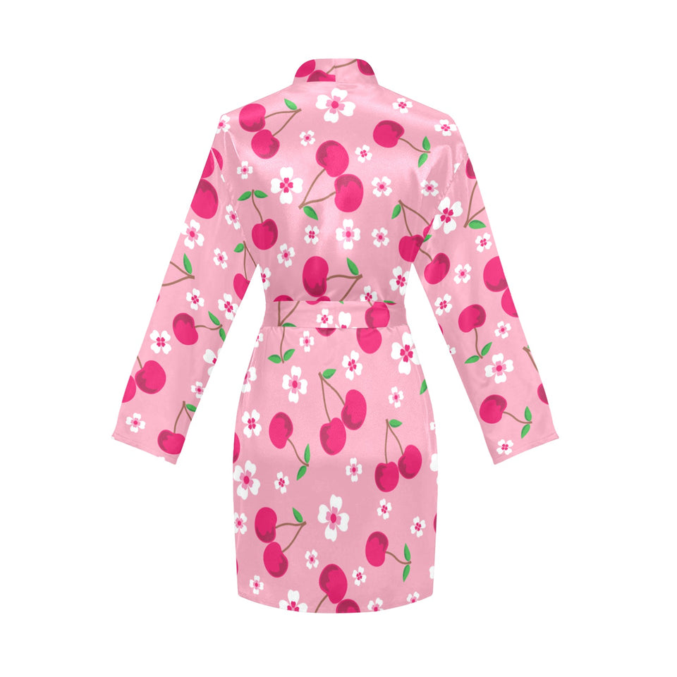cherry flower pattern pink background Women's Long Sleeve Belted Night Robe