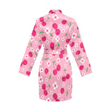 cherry flower pattern pink background Women's Long Sleeve Belted Night Robe