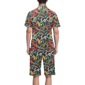 Colorful snake plant pattern Men's V-Neck Short Pajama Set