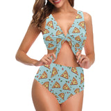 Hand drawn pizza blue background Chest Bowknot High Waisted Bikini Swimsuit