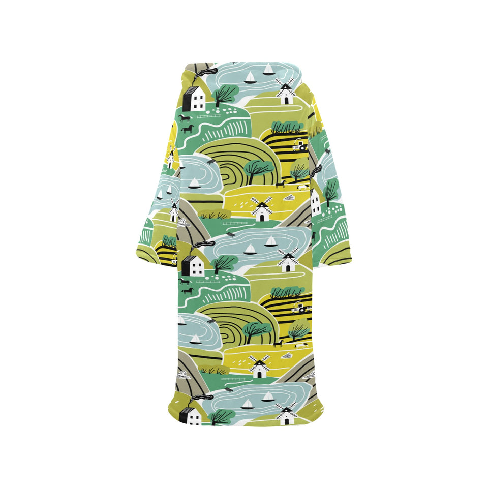 Hand drawn windmill pattern Blanket Robe with Sleeves