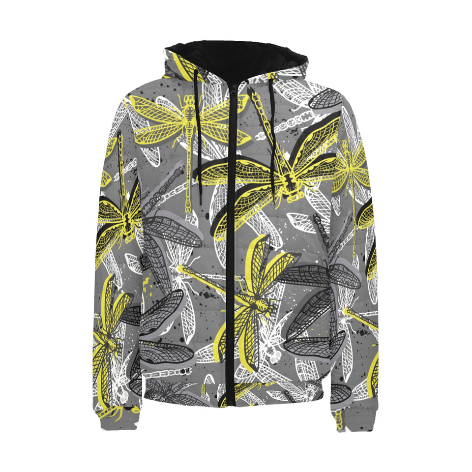 Hand drawn dragonfly pattern Men's Padded Hooded Jacket