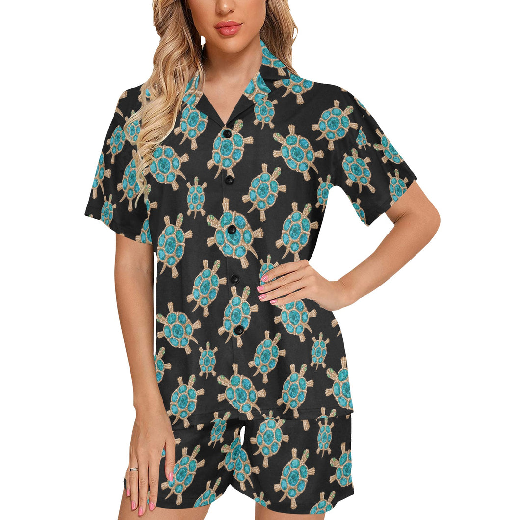 Sea turtle blue stone pattern Women's V-Neck Short Pajama Set