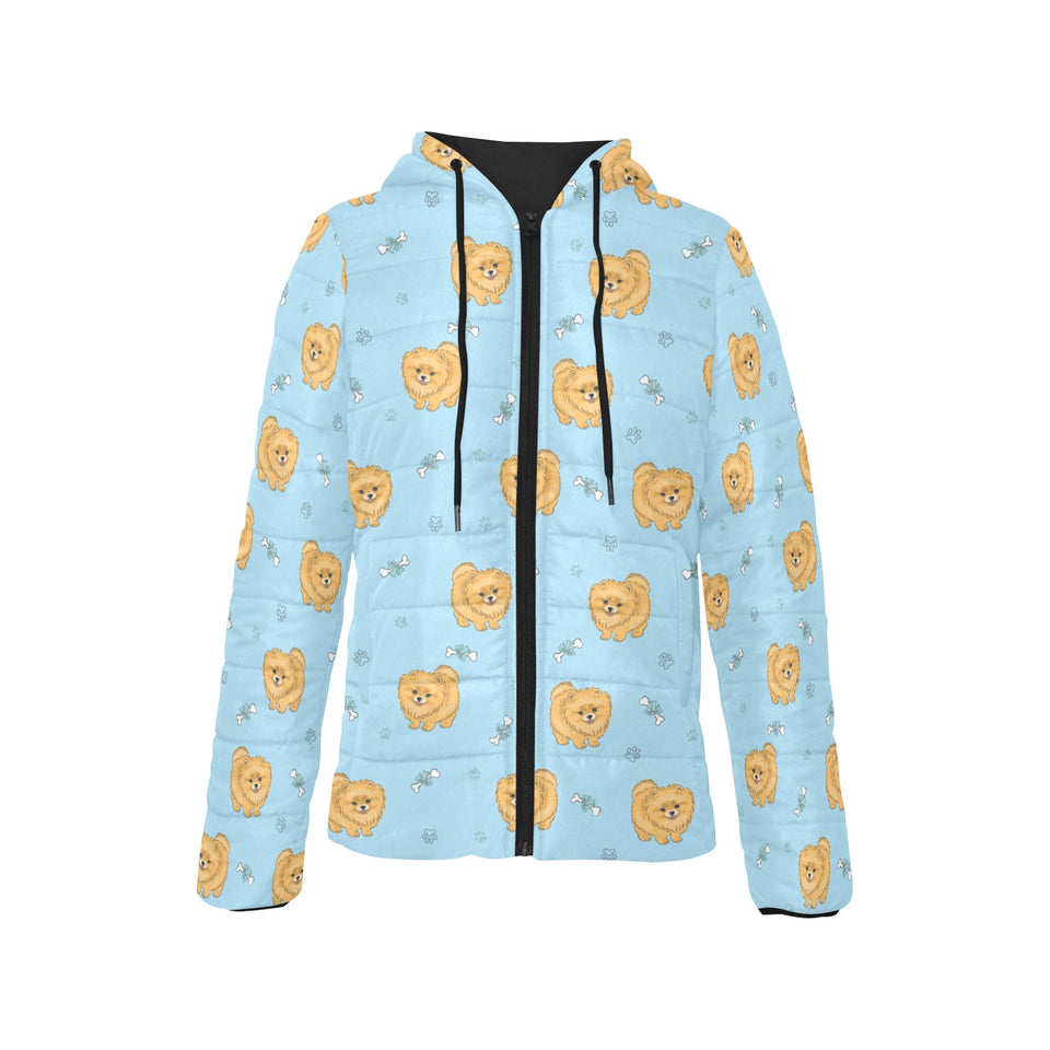 Brown cute pomeranian blue blackground Women's Padded Hooded Jacket