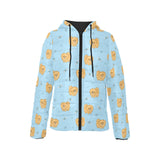 Brown cute pomeranian blue blackground Women's Padded Hooded Jacket