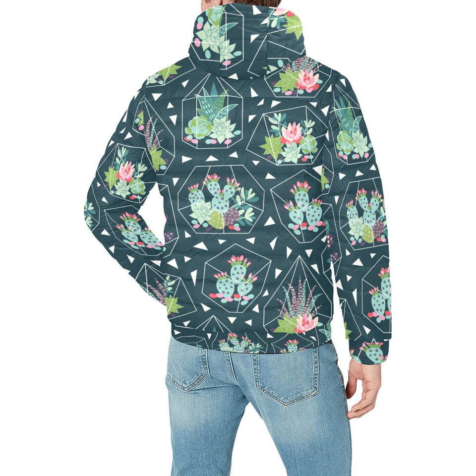 Cactus glass terrarium pattern Men's Padded Hooded Jacket