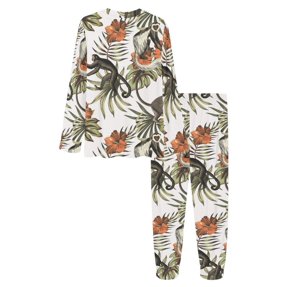 Monkey red hibiscus flower palm leaves floral patt Women's All Over Print Pajama Set