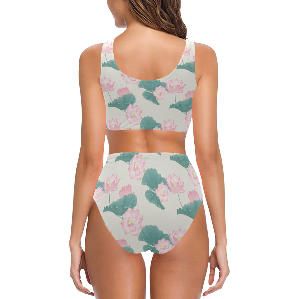 Pink lotus waterlily leaves pattern Chest Bowknot High Waisted Bikini Swimsuit