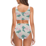 Pink lotus waterlily leaves pattern Chest Bowknot High Waisted Bikini Swimsuit