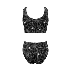 Spider web design pattern Black background white c Chest Bowknot High Waisted Bikini Swimsuit