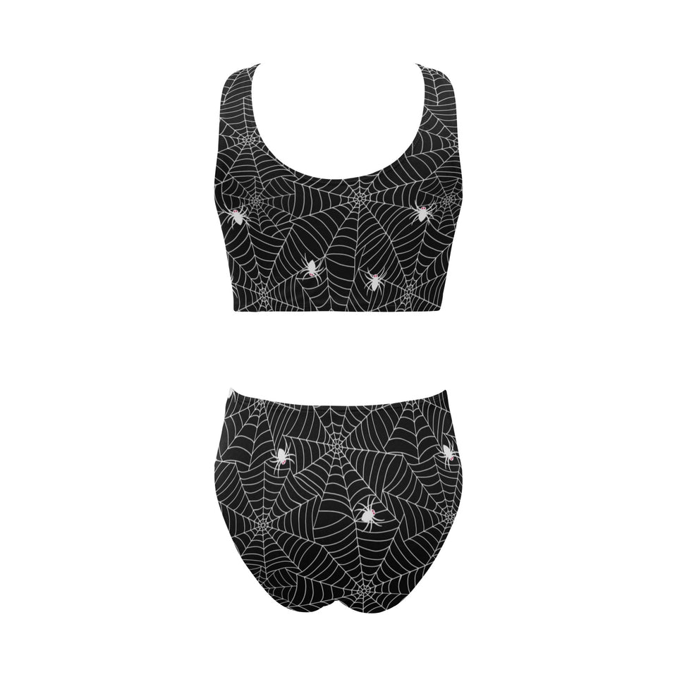Spider web design pattern Black background white c Chest Bowknot High Waisted Bikini Swimsuit