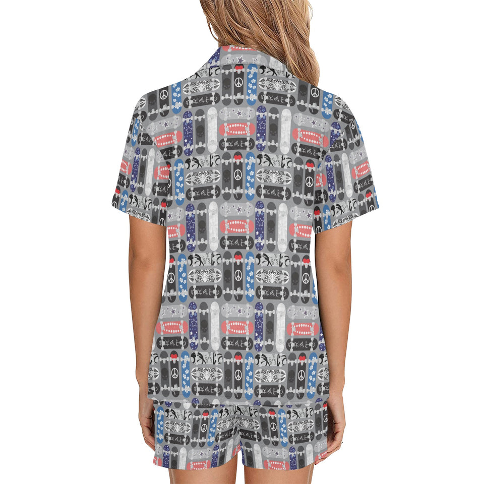 Skate Board Pattern Print Design 04 Women's V-Neck Short Pajama Set