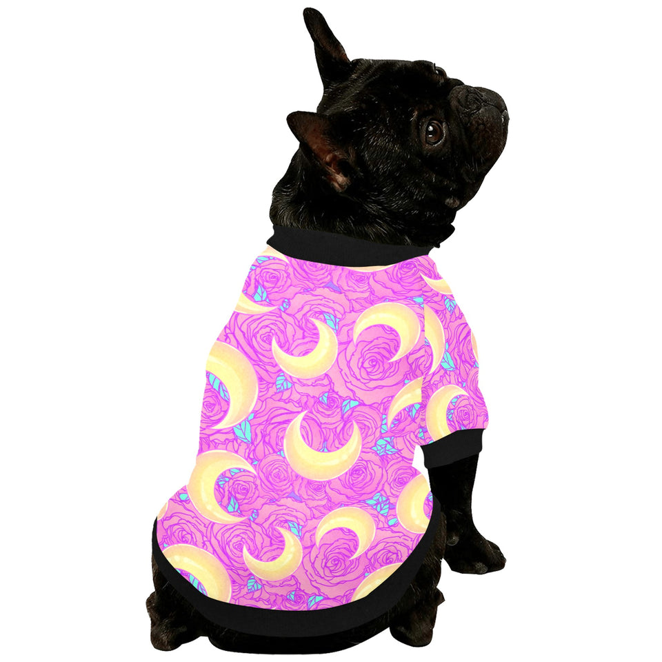 Moon pink rose background All Over Print Pet Dog Round Neck Fuzzy Shirt