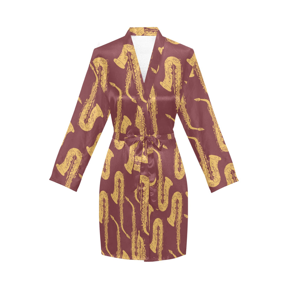Hand drawn gold saxophone red background Women's Long Sleeve Belted Night Robe