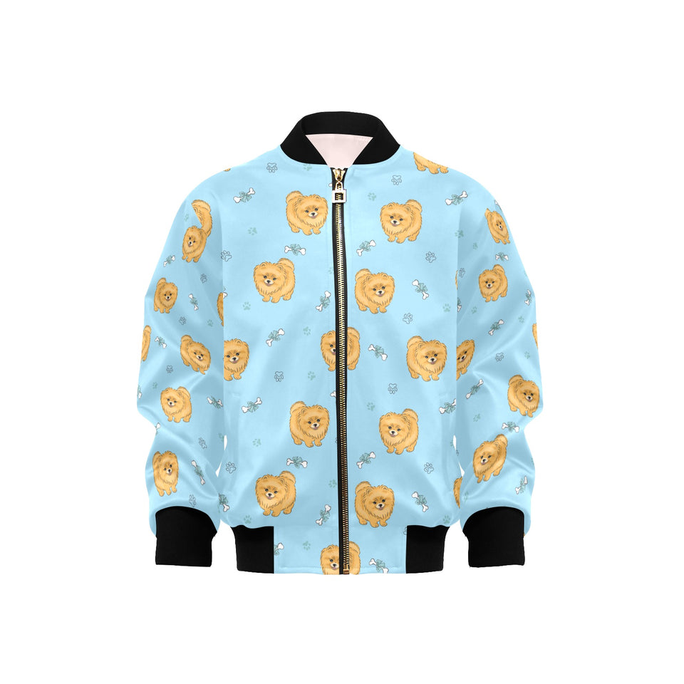 Brown cute pomeranian blue blackground Kids' Boys' Girls' Bomber Jacket