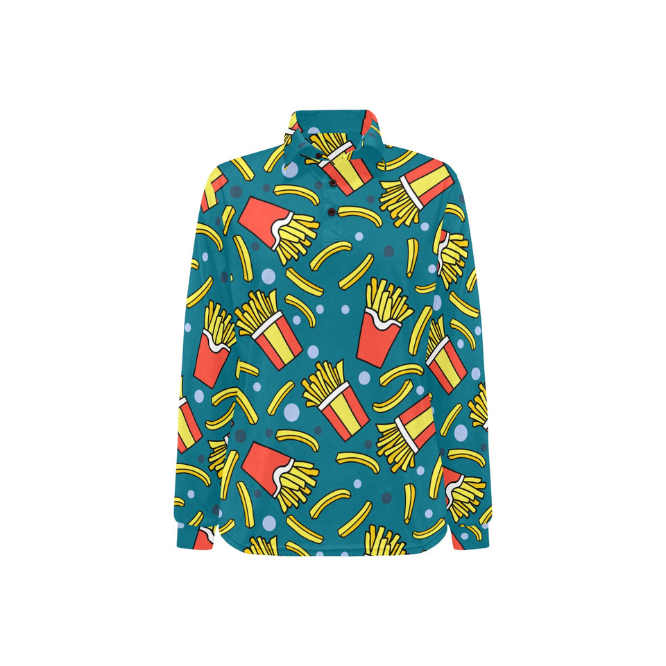 French fries red paper box pattern Women's Long Sleeve Polo Shirt
