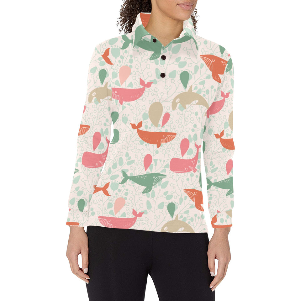 Cute whale pattern Women's Long Sleeve Polo Shirt